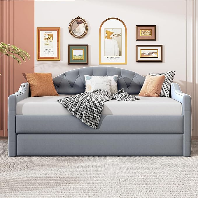 Twin Size Velvet Tufted Upholstered Daybed with Trundle, Modern Solid Wood Sofa Bed w/USB & Type-C Charging Ports, for Bedroom Living Room, No Box-spring Needed, Gray - LeafyLoom