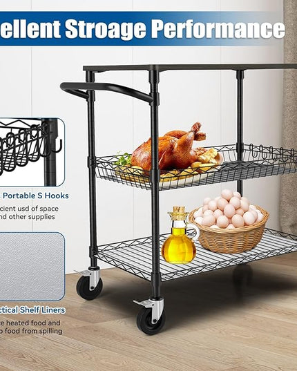3 Tier Heavy Duty Rolling Utility Cart with Wood Top, NSF Certified Commercial Grade Rolling Carts with Wheels, Handle Bar, Shelf Liner, Trolley Serving Cart for Kitchen, Black - LeafyLoom
