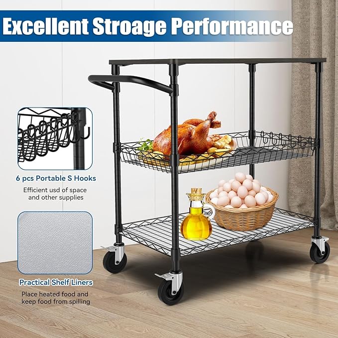 3 Tier Heavy Duty Rolling Utility Cart with Wood Top, NSF Certified Commercial Grade Rolling Carts with Wheels, Handle Bar, Shelf Liner, Trolley Serving Cart for Kitchen, Black - LeafyLoom