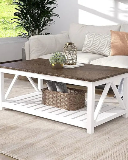 ChooChoo Farmhouse Coffee Table, Rustic Vintage Living Room Table with Shelf, 40 White - LeafyLoom