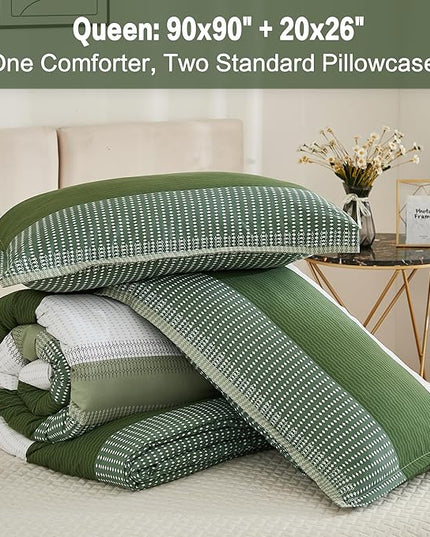 Litanika Olive Green Comforter Set Queen - 3 Pieces Lightweight Olive Green White Colorblock Stripe Fluffy Bedding Comforter Sets, All Season Bed Set - LeafyLoom