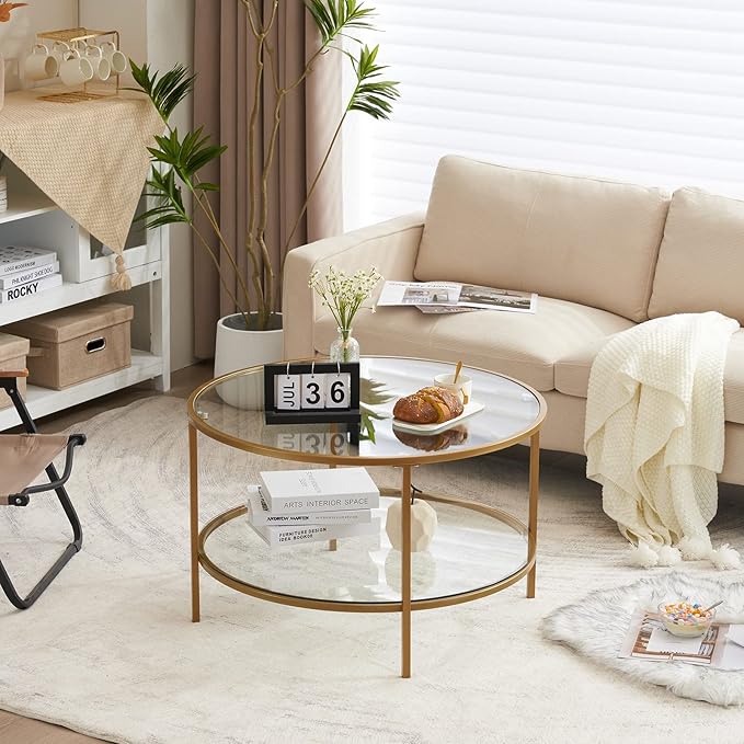 VINGLI Glass Coffee Table,30" Round Coffee Table Gold Coffee Tables for Living Room,2-Tier Glass Top Coffee Table with Storage Clear Coffee Table,Simple & Modern Center Table Mesa de Centro Para Sala - LeafyLoom