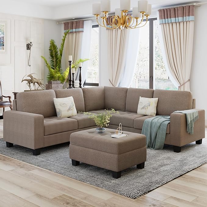 L Shaped Sectional Sofa with Storage Ottoman & Cup Holders Chaise, Comfy Linen Couch, Modular Sofa&Couches for Living Room Large Space Dorm Apartment, Brown CupHolders - LeafyLoom