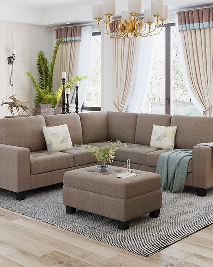 Sectional Couch Modular 5 Seater, Combination Corner, Linen L-Shaped Sofa, Saving Design with Storage Footrest and Cup Holder, for Large Space Dormitory Apartments, Brown - LeafyLoom