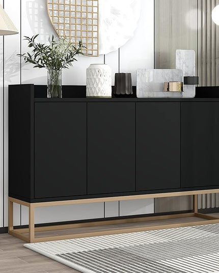 Sideboard Buffet Cabinet with Large Storage Space,Modern Particle Board Kitchen Console Table,W/ 4 Doors and Gold Metal Legs,Dining Room,Entryway,Black, 47.2" - LeafyLoom