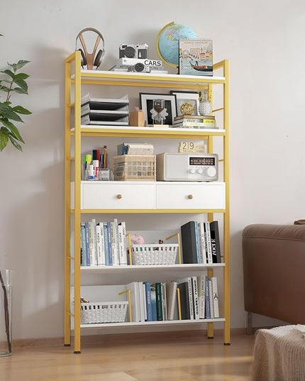 Bookshelf with Drawers- Widen Industrial Book Shelf with Bookend, 5 Tiers Tall Storage Shelves, Steel Frame Display Rack, Suitable for Bedroom, Office, Living Room-27'' Depth White - LeafyLoom