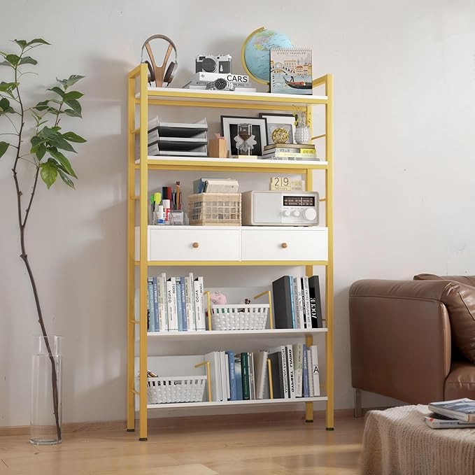 Bookshelf with Drawers- Widen Industrial Book Shelf with Bookend, 5 Tiers Tall Storage Shelves, Steel Frame Display Rack, Suitable for Bedroom, Office, Living Room-27'' Depth White - LeafyLoom