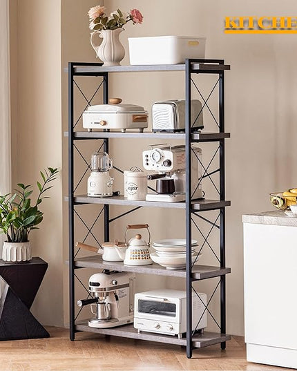 HCHQHS Bookshelf, 5-Tier Industrial Bookcase, Rustic Open Book Shelf, Freestanding Tall Bookshelves with Metal Frame - LeafyLoom