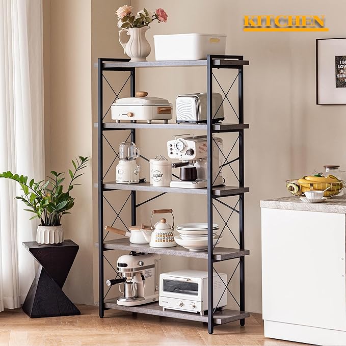 HCHQHS Bookshelf, 5-Tier Industrial Bookcase, Rustic Open Book Shelf, Freestanding Tall Bookshelves with Metal Frame - LeafyLoom