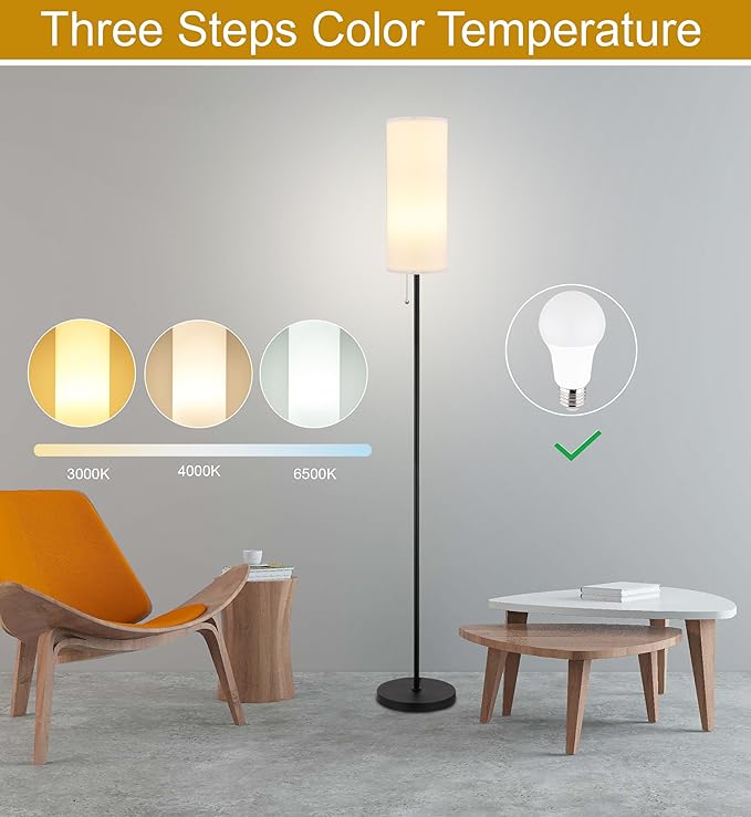 Floor Lamp for Living Room, Modern Standing Lamps with Lampshade, Minimalist Tall Lamp with Chain Switch for Living Room, Bedroom, Kids Room, Office,Standing Lamp LED Bulb Included (White Shade) - LeafyLoom