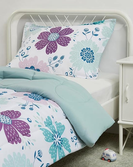 Amazon Basics 2 Piece Microfiber Kid's Comforter and Pillow Sham Set, Toddler, Purple Flowers, Floral - LeafyLoom