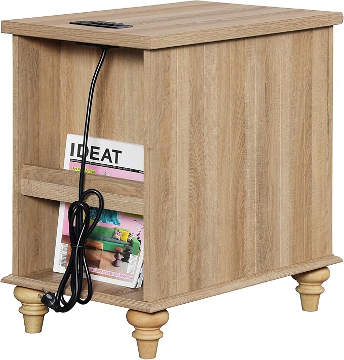WAMPAT Farmhouse Rattan End Table with Charging Station, Wood Side Table with Drawer & Storage Cabinet, Oak Nightstand with Power Outlets & USB Ports for Living Room, Bedroom, Burlywood - LeafyLoom