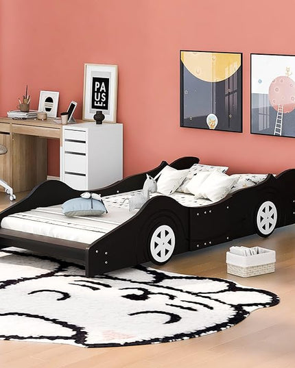 Car Shaped Toddler Bed with Wheels,Racecar Platform Beds W/Safety Guardrail,Slats Support,Stylish Design,Easy Assembly,Wood Twin Bedframe for Boys Toddlers Kids Teens Bedroom,Black - LeafyLoom