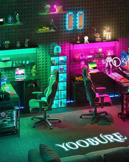 Yoobure L Shaped Desk with Pegboard, Reversible Gaming Desk with LED Lights & Power Outlets, Computer Desk with Drawers & Storage Shelves, Office Desk with Monitor Stand Corner Desk Home Office Desks - LeafyLoom