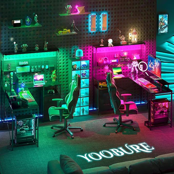 Yoobure L Shaped Desk with Pegboard, Reversible Gaming Desk with LED Lights & Power Outlets, Computer Desk with Drawers & Storage Shelves, Office Desk with Monitor Stand Corner Desk Home Office Desks - LeafyLoom