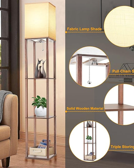 Floor Lamp with Shelves for Living Room Walnut Brown, Shelf Floor Lamp with 3 CCT LED Bulb, Corner Display Standing Column Lamp Etagere Organizer Tower Nightstand with White Linen Shade for Bedroom - LeafyLoom