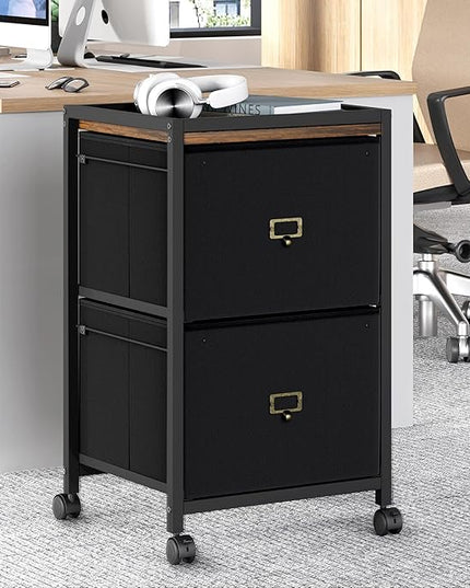File Cabinet with 2 Drawers, Mobile Filing Cabinet Fits Letter Size or A4, Fabric Vertical File Cabinet on Wheels, File Cabinet for Home Office, Small Under Desk Storage Cabinet, Black - LeafyLoom