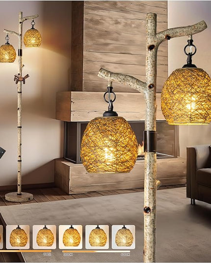 68.5" Rustic Farmhouse Remote Control Switch Birch Tree Floor lamp with Bird Nest Lantern Shade Vintage Standing Lamp for Living Room Bedroom Hotel Bar Office Wood House(LED Bulb Included) - LeafyLoom