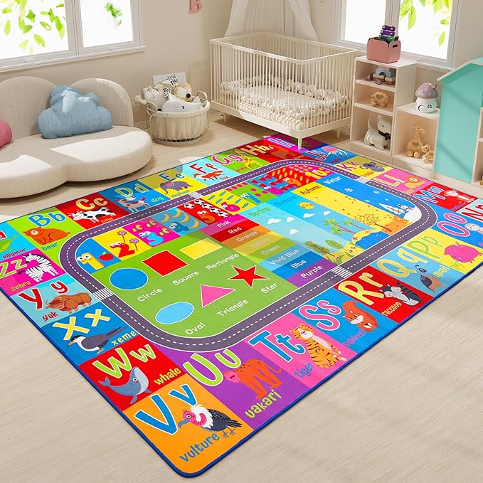 HOMORE Kids Educational Rug, 5x7 Kids Collection Area Rug for Learning Alphabet, Numbers, Colors, Season and Animal Words, Playmat for Classroom Playroom - LeafyLoom