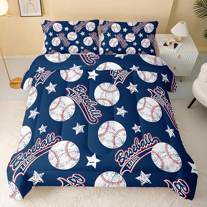 3D Baseballs Comforter King Size,Blue Baseball Kids Comforter Set,3Pcs Bedding Set Printed Comforter with 2 Pillowcases,Down Alternative,Soft and Lightweight,for All Seasons - LeafyLoom