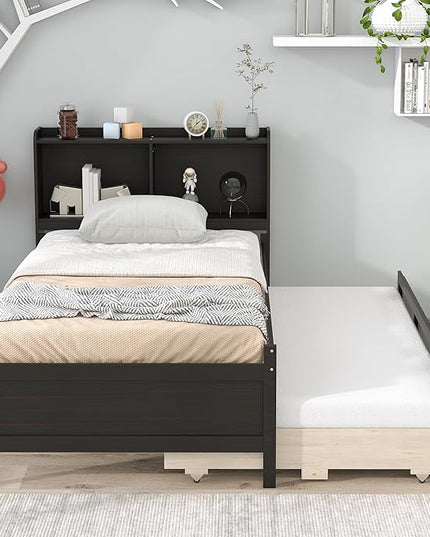 Platform Bed Twin Size with Bookcase Headboard, Trundle and 3 Drawers, Wooden Storage Bedframe for Kids Teens Adults Bedroom - LeafyLoom