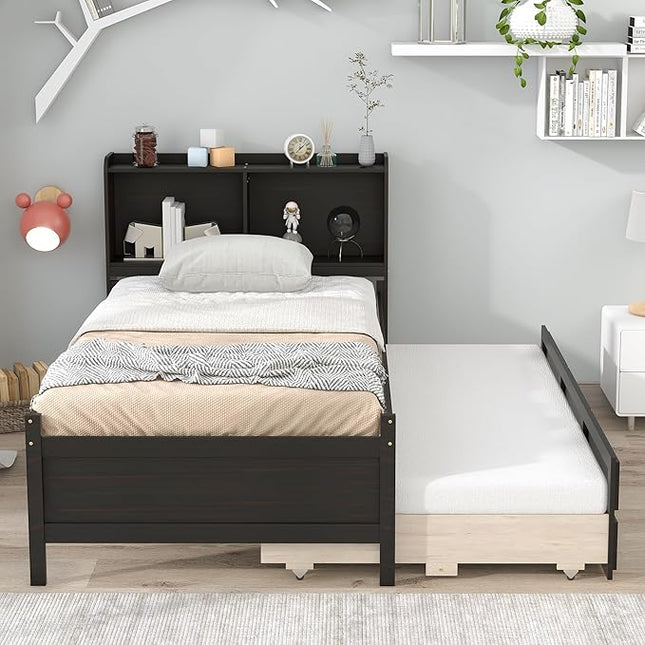 Platform Bed Twin Size with Bookcase Headboard, Trundle and 3 Drawers, Wooden Storage Bedframe for Kids Teens Adults Bedroom - LeafyLoom