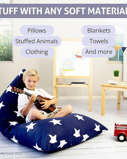 Butterfly Craze Bean Bag Chair Cover, Functional Toddler Toy Organizer, Fill with Stuffed Animals to Create a Jumbo, Comfy Floor Lounger for Boys or Girls, Stuffing Not Included, Navy Stars - LeafyLoom