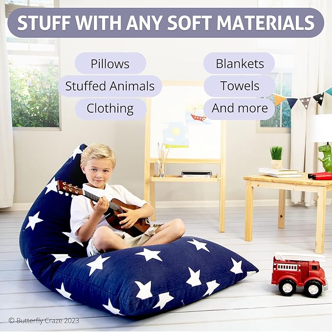 Butterfly Craze Bean Bag Chair Cover, Functional Toddler Toy Organizer, Fill with Stuffed Animals to Create a Jumbo, Comfy Floor Lounger for Boys or Girls, Stuffing Not Included, Navy Stars - LeafyLoom
