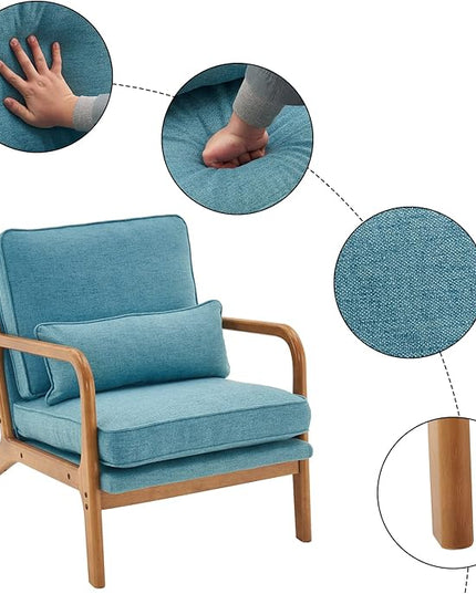 Bonnlo LinenTeal Mid Century Modern Accent Chair, Soild Wood Padding Lounge Armchairs Side Sitting Chairs for Living Room, Bedroom, Guest Room - LeafyLoom