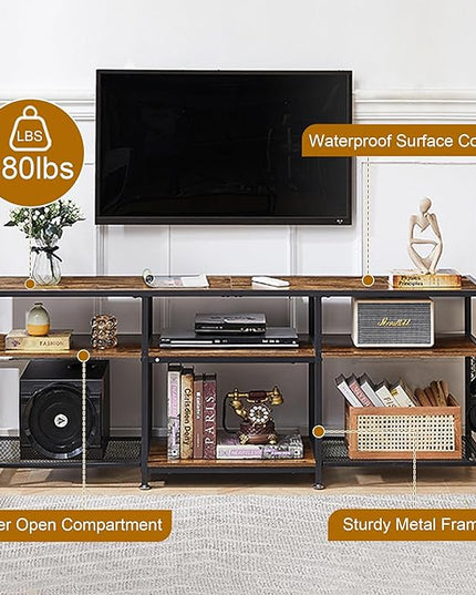 VECELO TV Stand for Televisions up to 75 Inch, Industrial Entertainment Center with 3-Tier Open Storage Shelves& Hooks for Living, Bedroom and Gaming Room, 70 Inch, Retro Brown - LeafyLoom