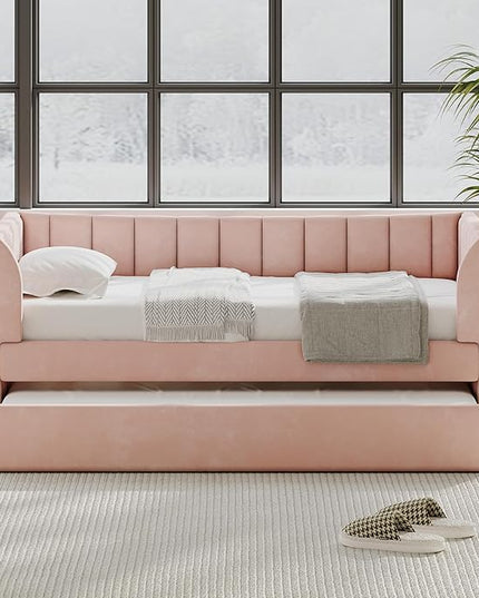 Twin Size Upholstered Velvet Daybed with Trundle,Wood Bed Frame w/ 2 Armrests,Slat Support,No Box Spring Needed,for Small Living Spaces and Accommodating Guests,Pink - LeafyLoom