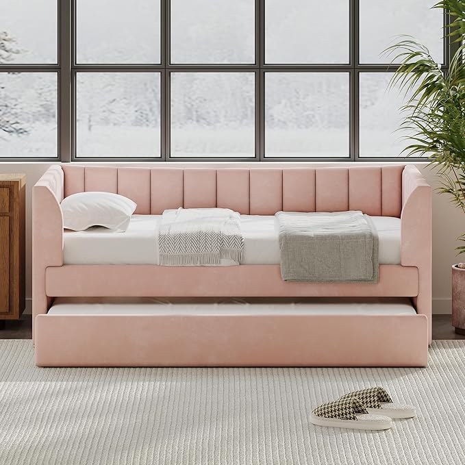 Twin Size Upholstered Velvet Daybed with Trundle,Wood Bed Frame w/ 2 Armrests,Slat Support,No Box Spring Needed,for Small Living Spaces and Accommodating Guests,Pink - LeafyLoom