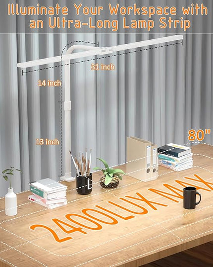 LED Desk Lamp for Home Office- 24W Double Head Desk Light with clamp, 5 Lighting Modes, 11 Brightness Levels, Adjustable Gooseneck Lamp with Timer- White - LeafyLoom