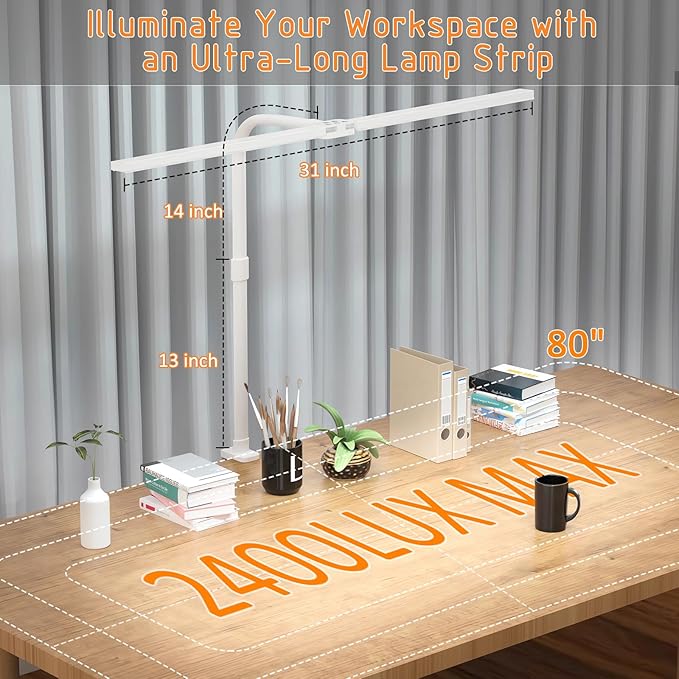 LED Desk Lamp for Home Office- 24W Double Head Desk Light with clamp, 5 Lighting Modes, 11 Brightness Levels, Adjustable Gooseneck Lamp with Timer- White - LeafyLoom
