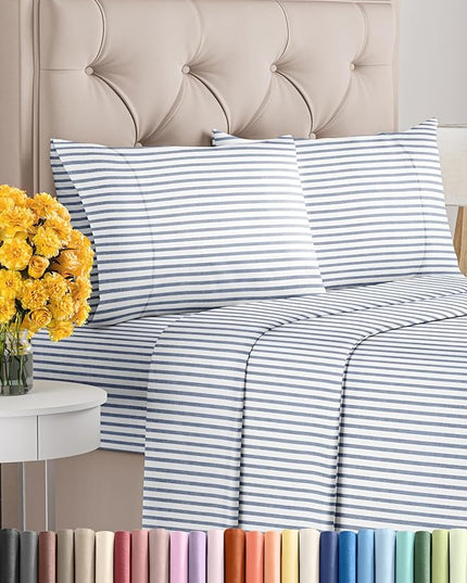 Cal King Size 4 Piece Sheet Set - Comfy Breathable & Cooling Sheets - Hotel Luxury Bed Sheets for Women & Men - Deep Pockets, Easy-Fit, Soft & Wrinkle Free Sheets - Blue Stripes Oeko-Tex Bed Sheet Set - LeafyLoom