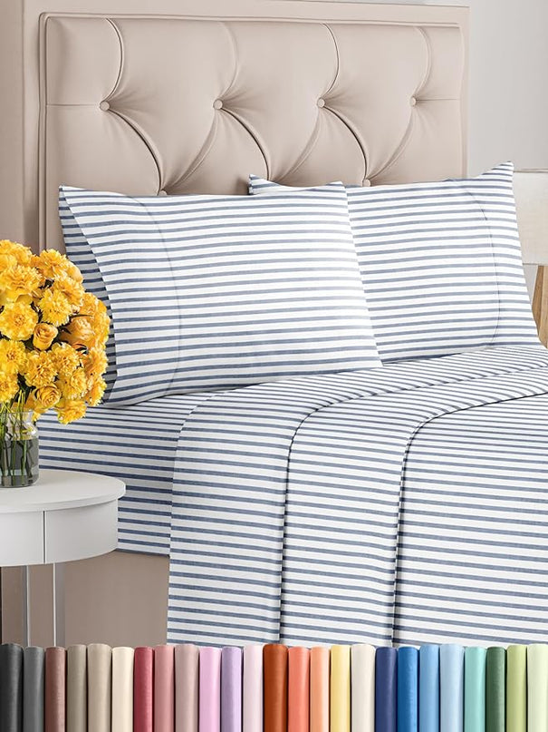 Cal King Size 4 Piece Sheet Set - Comfy Breathable & Cooling Sheets - Hotel Luxury Bed Sheets for Women & Men - Deep Pockets, Easy-Fit, Soft & Wrinkle Free Sheets - Blue Stripes Oeko-Tex Bed Sheet Set - LeafyLoom
