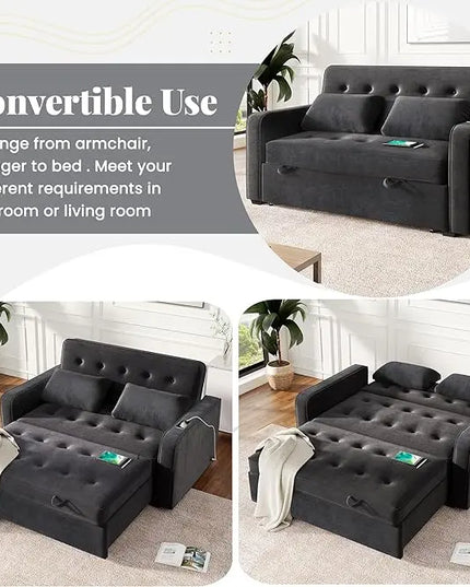 3 in 1 Multi-Functional Pull Out Sofa Bed , Velvet Upholstered Convertible Sleeper Loveseat Couch Guest Daybed with Adjustable Backrest and Dual USB Charging Port for Living Room Office RV Furniture - LeafyLoom