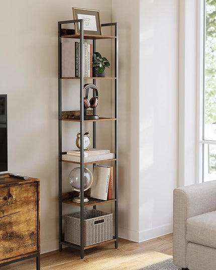 6-Tier Bookshelf, Narrow Bookcase with Open Shelves, Talll Book Shelf Coner Shelf for Living Room, Bedroom, Home Office, Study, Bathroom,11.5 x 15.7 x 72.6 Inches, Rustic Brown and Black - LeafyLoom
