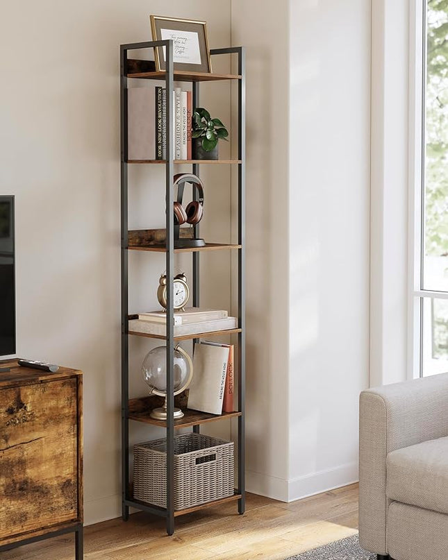 6-Tier Bookshelf, Narrow Bookcase with Open Shelves, Talll Book Shelf Coner Shelf for Living Room, Bedroom, Home Office, Study, Bathroom,11.5 x 15.7 x 72.6 Inches, Rustic Brown and Black - LeafyLoom