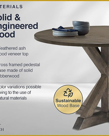 Finch Alfred Round Solid Wood Rustic Dining Table for Farmhouse Kitchen Room Decor, Wooden Trestle Pedestal Base, 46.5" Wide Circular Tabletop, Distressed Brown - LeafyLoom
