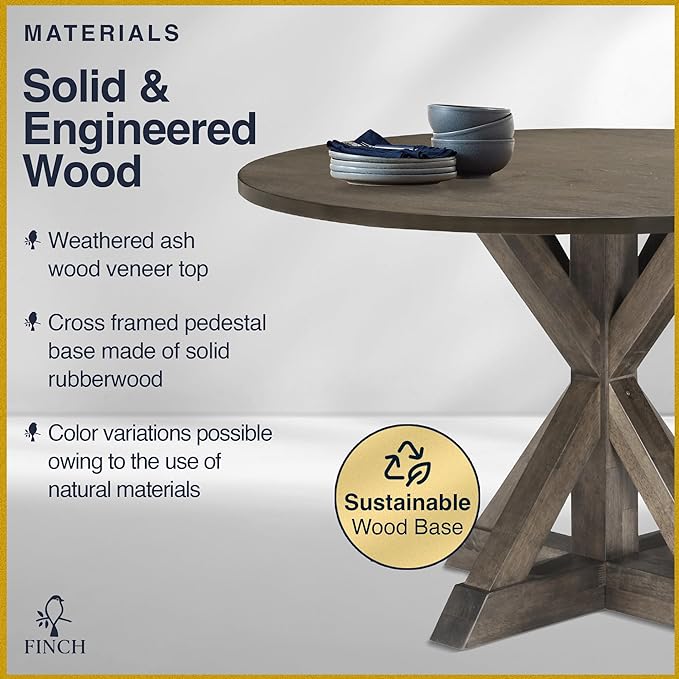Finch Alfred Round Solid Wood Rustic Dining Table for Farmhouse Kitchen Room Decor, Wooden Trestle Pedestal Base, 46.5" Wide Circular Tabletop, Distressed Brown - LeafyLoom