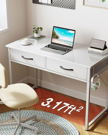 ODK 40 Inch Small Desk with Fabric Drawers- for Bedroom, White Vanity Desk with Storage, Home Office Computer Desk for Small Spaces, Modern Work Writing Study Table, White - LeafyLoom