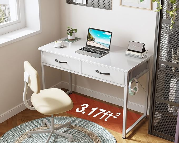 ODK 40 Inch Small Desk with Fabric Drawers- for Bedroom, White Vanity Desk with Storage, Home Office Computer Desk for Small Spaces, Modern Work Writing Study Table, White - LeafyLoom