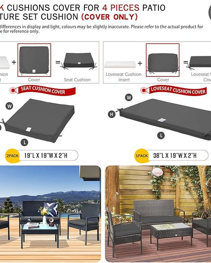 ClawsCover 3Pack Outdoor Seat Cushions Replacement Covers Fit for 4 Pieces Wicker Rattan Furniture Patio Conversation Set Loveseat Chair,38x19x2,19x19x2,Dark Gray-Large (Include Cover Only) - LeafyLoom