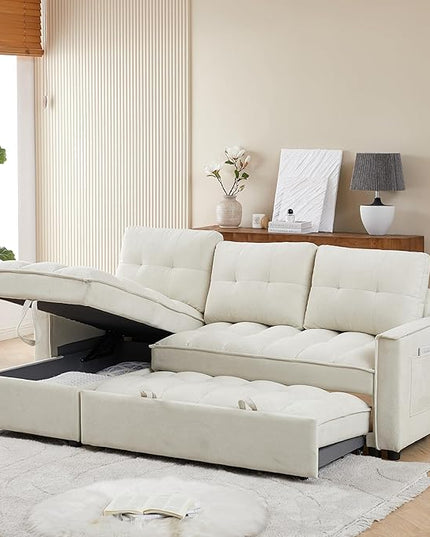 Chenille Convertible Sleeper Sectional Sofa with Reversible Storage Chaise and Pull Out Couch Bed , L Shaped Corner Sofabed with USB and tape-c Charging Ports for Living Room Office Small Places - LeafyLoom