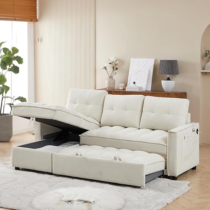 Chenille Convertible Sleeper Sectional Sofa with Reversible Storage Chaise and Pull Out Couch Bed , L Shaped Corner Sofabed with USB and tape-c Charging Ports for Living Room Office Small Places - LeafyLoom