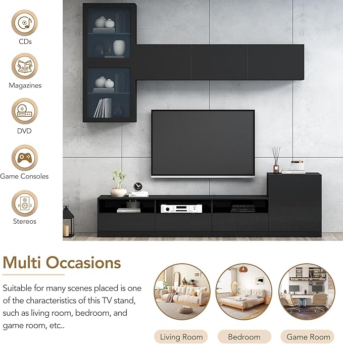 Merax High Gloss TV Stand with Wall Mounted Floating Storage Cabinets, Media Console for Television Up to 75" Versatile Entertainment Center, for Living Room, 93 inch Length, Black - LeafyLoom