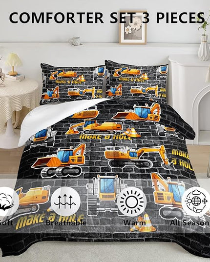 Axolotl Excavator Bedding Set Full Size,Yellow Excavator Bed Comforter for Kids Boys Teens,Tractor Truck Bedding Set for Boys,Construction Bedding Set for Boys,1 Quilt 2 Pillowcases,Deep Grey - LeafyLoom