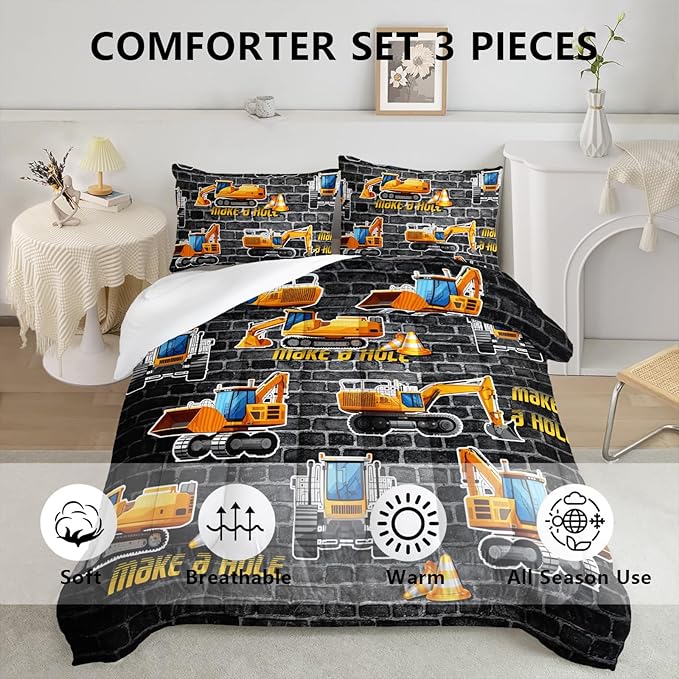 Axolotl Excavator Bedding Set Full Size,Yellow Excavator Bed Comforter for Kids Boys Teens,Tractor Truck Bedding Set for Boys,Construction Bedding Set for Boys,1 Quilt 2 Pillowcases,Deep Grey - LeafyLoom