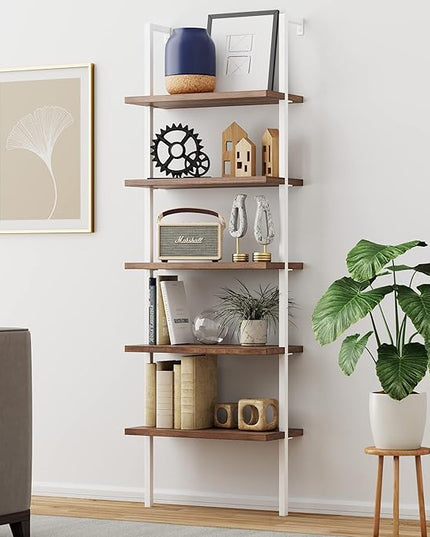 Nathan James Theo 5-Shelf Wood Modern Bookcase, Open Wall Mount Ladder Bookshelf with Industrial Metal Frame, Light Brown Oak/White - LeafyLoom